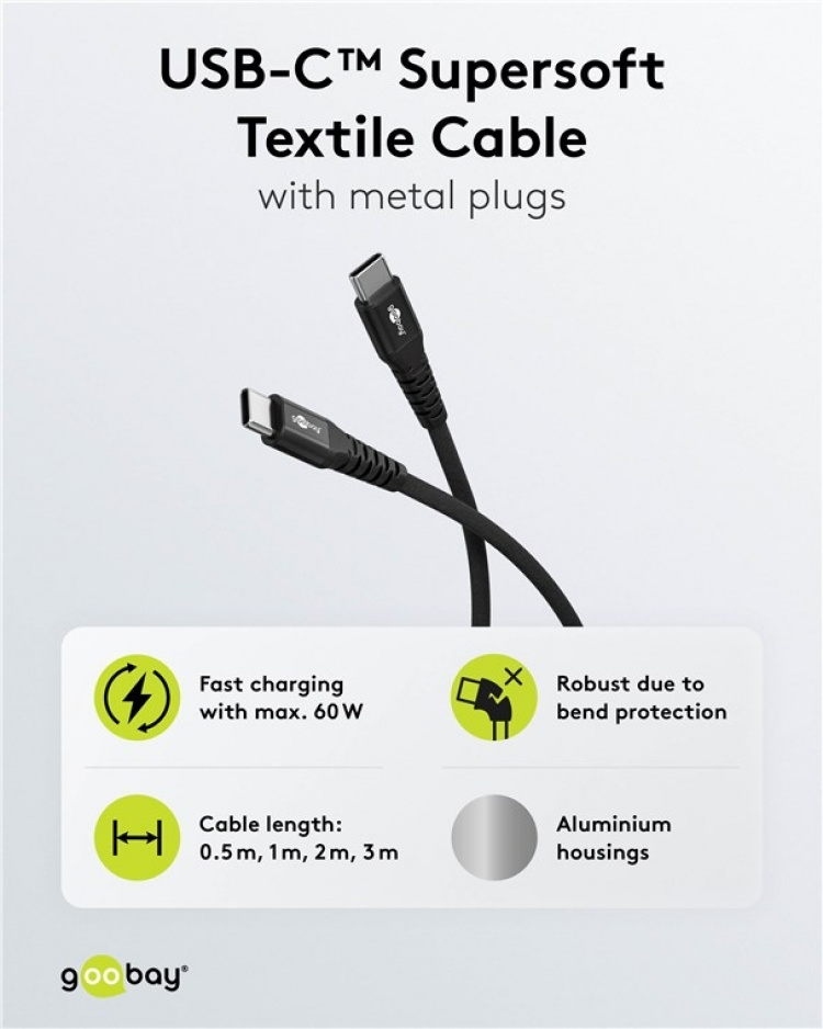 Goobay USB-C™ supersoft textilkabel med metallkontakter, 2 m, svart elegant och extra robust anslutningskabel för enheter med USB-C™-port