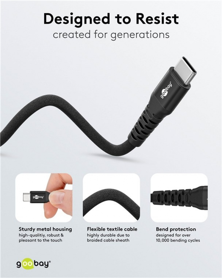 Goobay USB-C™ supersoft textilkabel med metallkontakter, 2 m, svart elegant och extra robust anslutningskabel för enheter med USB-C™-port