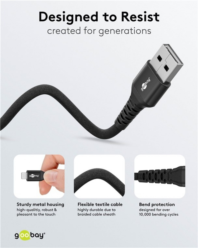 Goobay Lightning-USB-A supersoft textilkabel med metallkontakter, 2 m, svart MFi-certifierad, elegant och extra robust laddnings- och synkroniseringskabel för Apple iPhone/iPad (svart)