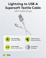 Goobay Lightning-USB-A supersoft textilkabel med metallkontakter, 0,5 m, vit MFi-certifierad, elegant och extra robust laddnings- och synkroniseringskabel för Apple iPhone/iPad (vit)