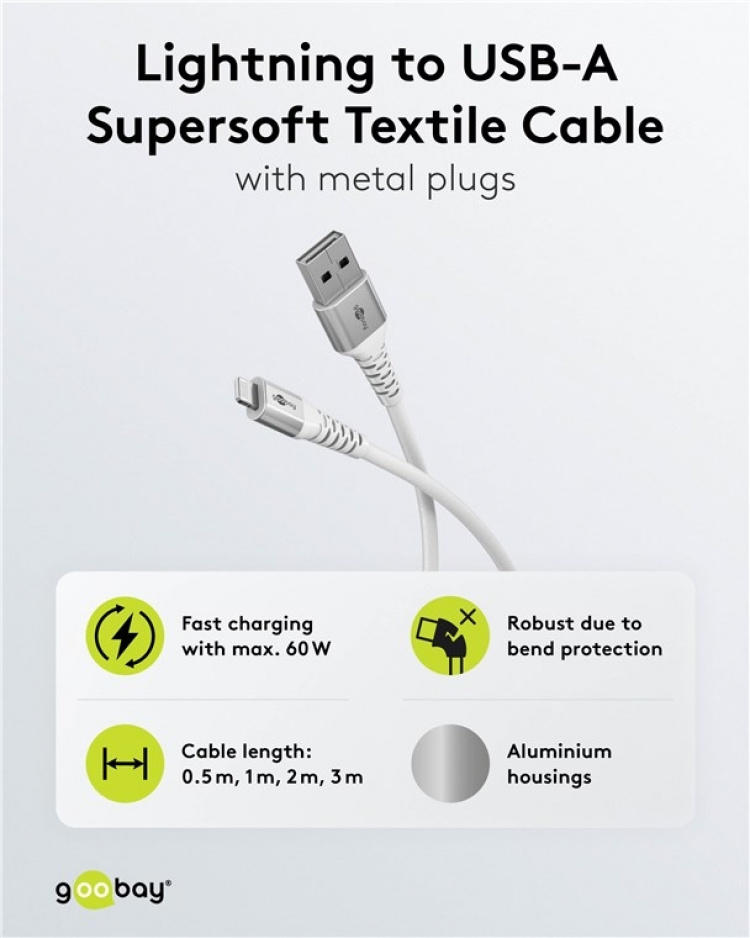 Goobay Lightning-USB-A supersoft textilkabel med metallkontakter, 0,5 m, vit MFi-certifierad, elegant och extra robust laddnings- och synkroniseringskabel för Apple iPhone/iPad (vit)