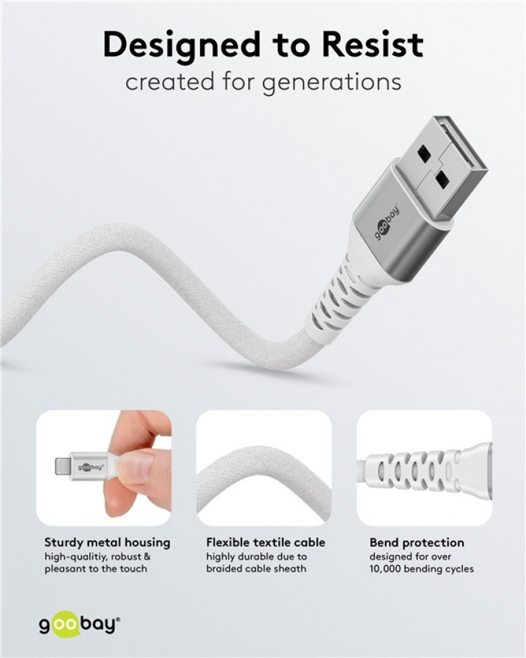 Goobay Lightning-USB-A supersoft textilkabel med metallkontakter, 0,5 m, vit MFi-certifierad, elegant och extra robust laddnings- och synkroniseringskabel för Apple iPhone/iPad (vit)