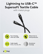 Goobay Lightning-USB-C™ supersoft textilkabel med metallkontakter, 0,5 m, svart MFi-certifierad, elegant och extra robust laddnings- och synkroniseringskabel för Apple iPhone/iPad (svart)