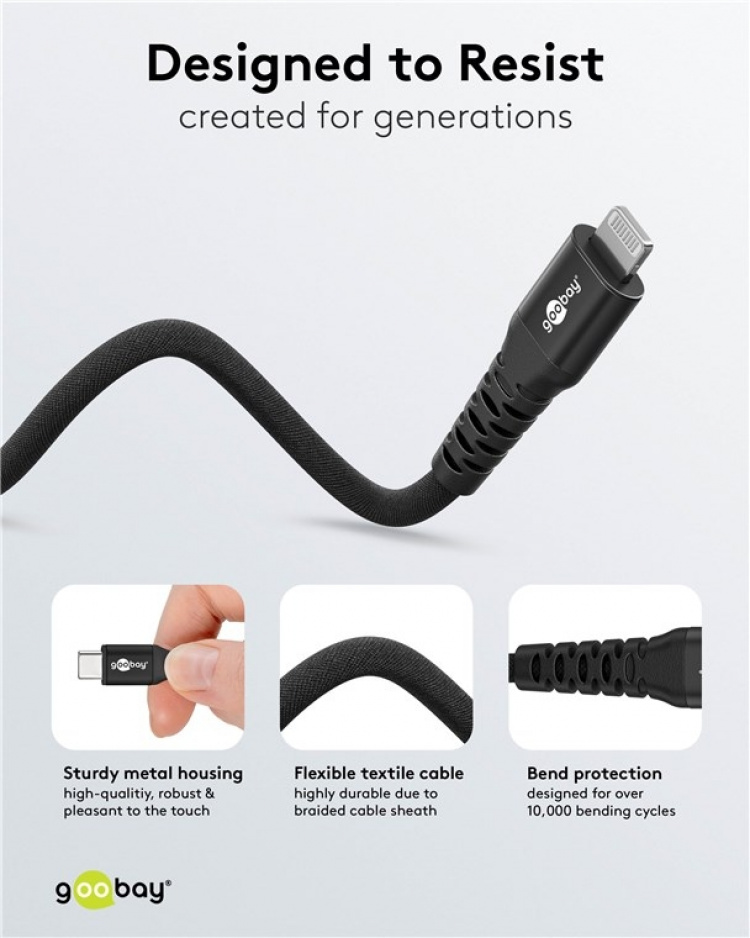 Goobay Lightning-USB-C™ supersoft textilkabel med metallkontakter, 0,5 m, svart MFi-certifierad, elegant och extra robust laddnings- och synkroniseringskabel för Apple iPhone/iPad (svart)