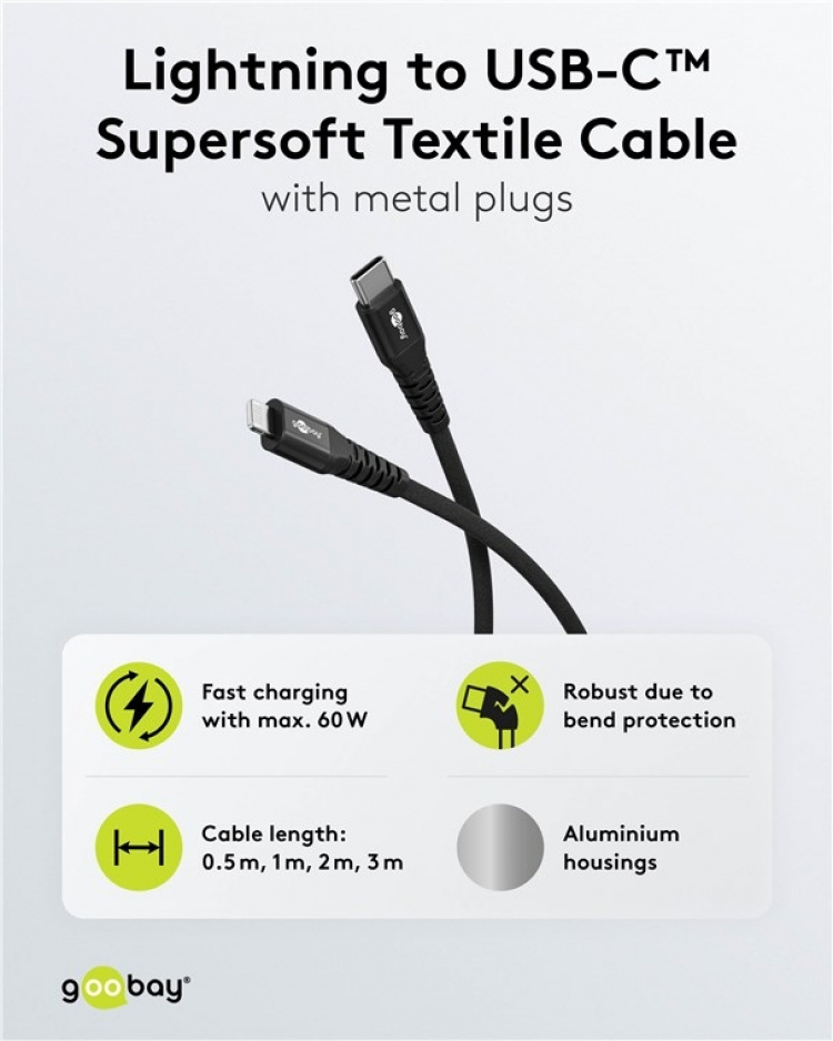 Goobay Lightning-USB-C™ supersoft textilkabel med metallkontakter, 3 m, svart MFi-certifierad, elegant och extra robust laddnings- och synkroniseringskabel för Apple iPhone/iPad (svart)