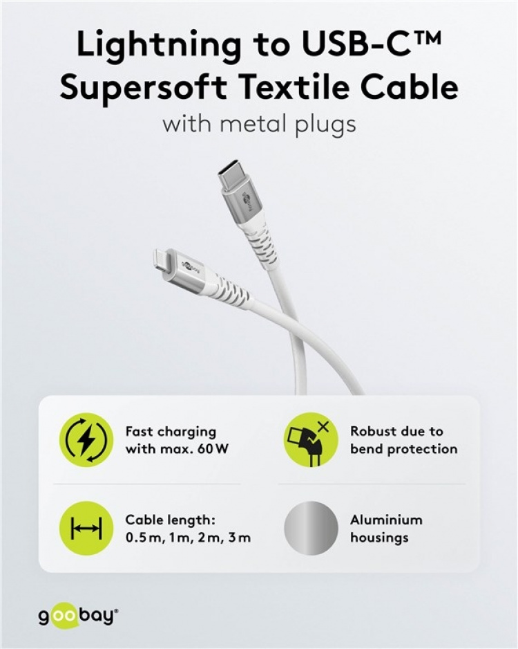 Goobay Lightning-USB-C™ supersoft textilkabel med metallkontakter, 0,5 m, vit MFi-certifierad, elegant och extra robust laddnings- och synkroniseringskabel för Apple iPhone/iPad (vit)