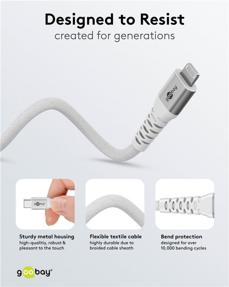 Goobay Lightning-USB-C™ supersoft textilkabel med metallkontakter, 3 m, vit MFi-certifierad, elegant och extra robust laddnings- och synkroniseringskabel för Apple iPhone/iPad (vit) Goobay Lightning-USB-C™ supersoft textilkabel med metallkontakter, 3 m, vit MFi-certifierad, elegant och extra robust laddnings- och synkroniseringskabel för Apple iPhone/iPad (vit)