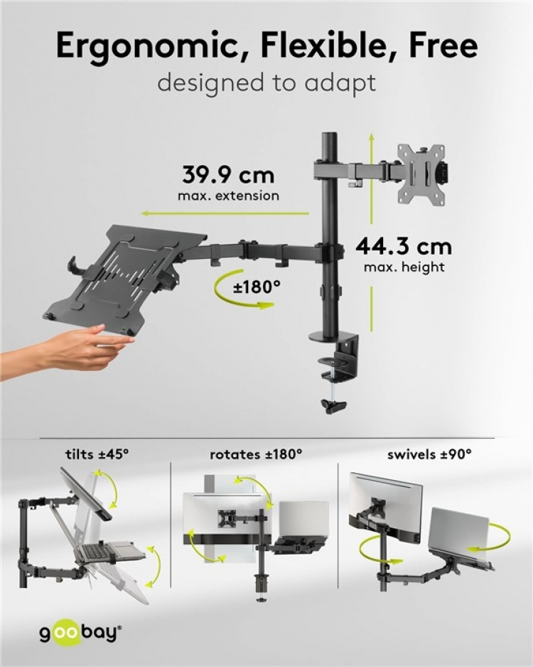 Goobay Skärmfäste med laptop-arm Flex, svart workstation för bildskärmar från 13 till 32 tum (33 - 81 cm) plus en bärbar dator, bildskärm max. 8 kg/bärbar dator 4,5 kg
