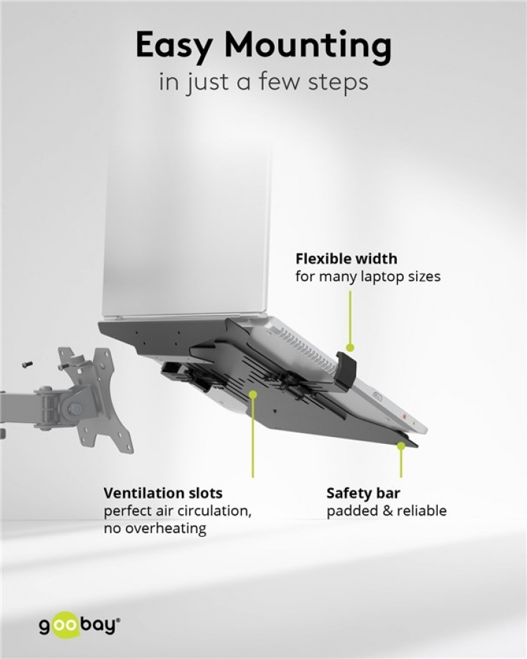 Goobay Laptopfäste för monitorarm, svart för bildskärmar från 10 till 15,6 tum (25 - 40 cm), max. 4,5 kg, för montering på ett bildskärmsfäste