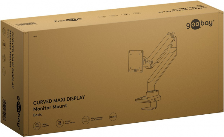 Goobay Single skärmfäste Gaming med gasfjäder, svart för XL-skärmar från 17 till 49 tum (43 - 124 cm), max. 20 kg, kraftigt fäste för tunga gaming och böjda skärmar, enkel snap-in-montering av armarna