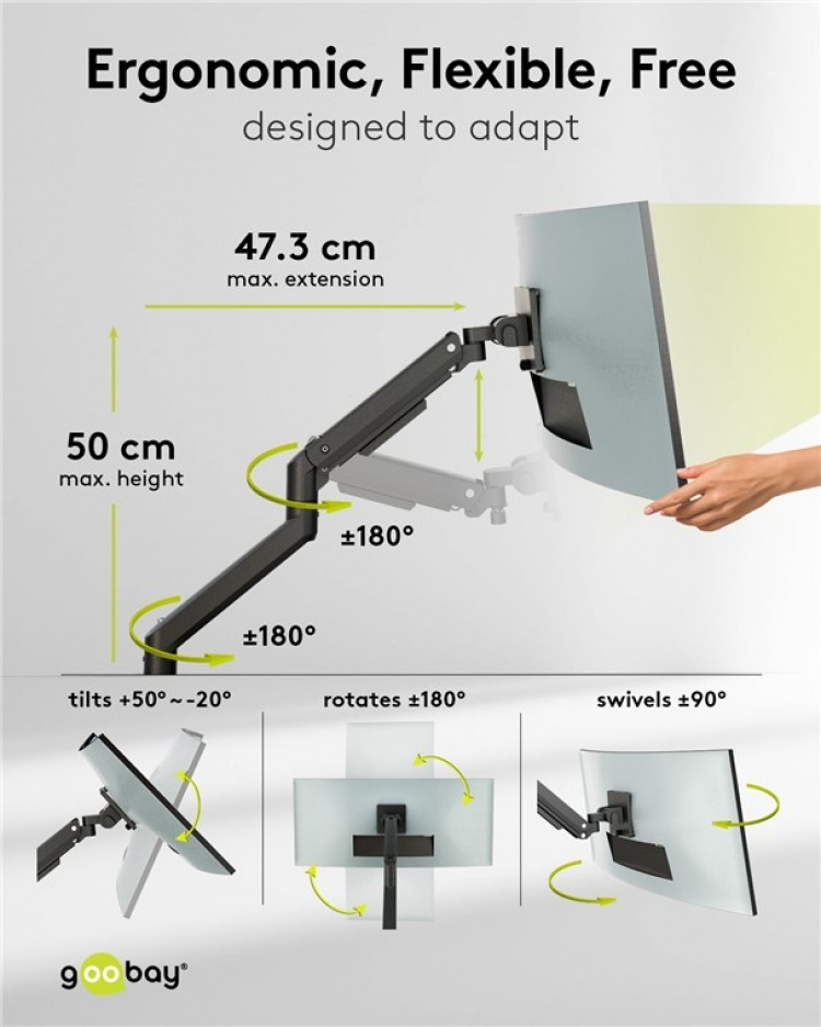 Goobay Single skärmfäste Gaming med gasfjäder, svart för XL-skärmar från 17 till 49 tum (43 - 124 cm), max. 20 kg, kraftigt fäste för tunga gaming och böjda skärmar, enkel snap-in-montering av armarna