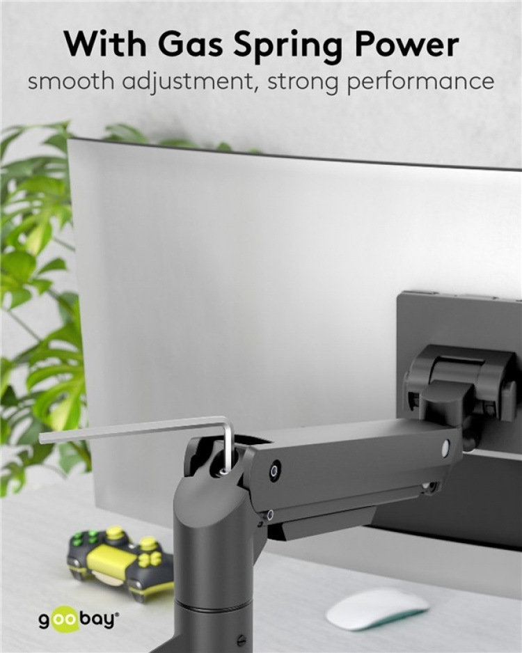 Goobay Single skärmfäste Gaming med gasfjäder, svart för XL-skärmar från 17 till 49 tum (43 - 124 cm), max. 20 kg, kraftigt fäste för tunga gaming och böjda skärmar, enkel snap-in-montering av armarna