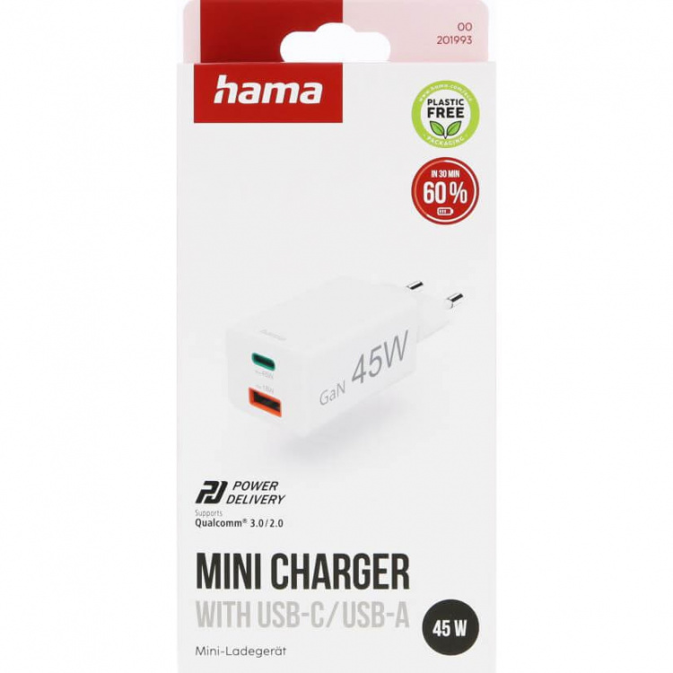 Hama Charger 1x USB-C 1x USB-A GaN 45W White