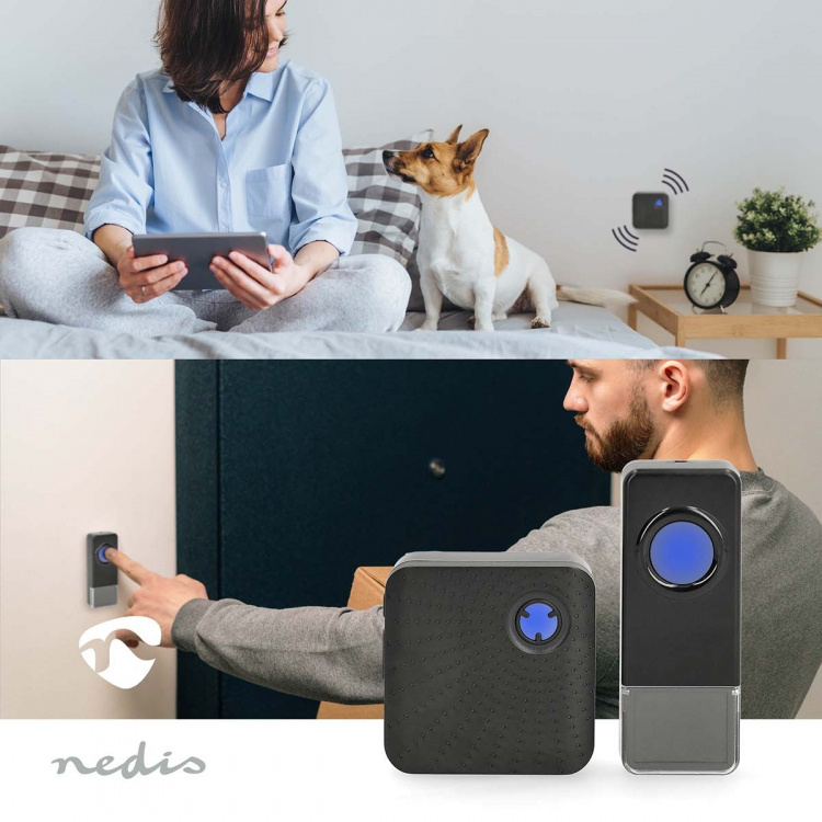 Nedis Wireless Doorbell Set | Mains Powered | 100 - 240 V AC 50/60 Hz | 1x 23A 12V | Volume: 110 dB | Signal range: 150 m | IP55 | Adjustable volume | 58 Melodies | 1 Receiver | Black