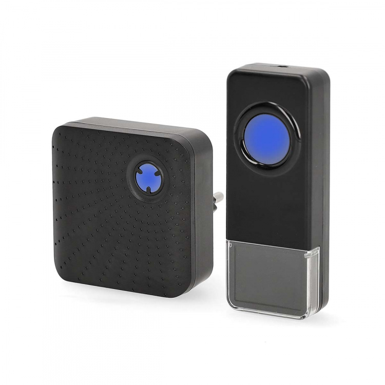 Nedis Wireless Doorbell Set | Mains Powered | 100 - 240 V AC 50/60 Hz | 1x 23A 12V | Volume: 110 dB | Signal range: 150 m | IP55 | Adjustable volume | 58 Melodies | 1 Receiver | Black