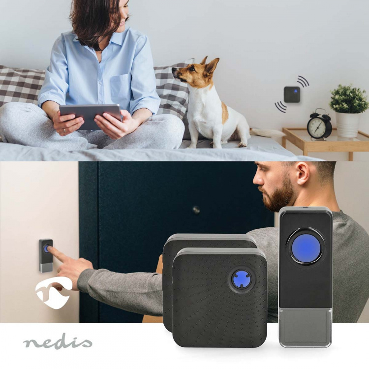 Nedis Wireless Doorbell Set | Mains Powered | 100 - 240 V AC 50/60 Hz | 1x 23A 12V | Volume: 110 dB | Signal range: 150 m | IP55 | Adjustable volume | 58 Melodies | 2 Receivers | Black