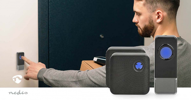Nedis Wireless Doorbell Set | Mains Powered | 100 - 240 V AC 50/60 Hz | 1x 23A 12V | Volume: 110 dB | Signal range: 150 m | IP55 | Adjustable volume | 58 Melodies | 2 Receivers | Black