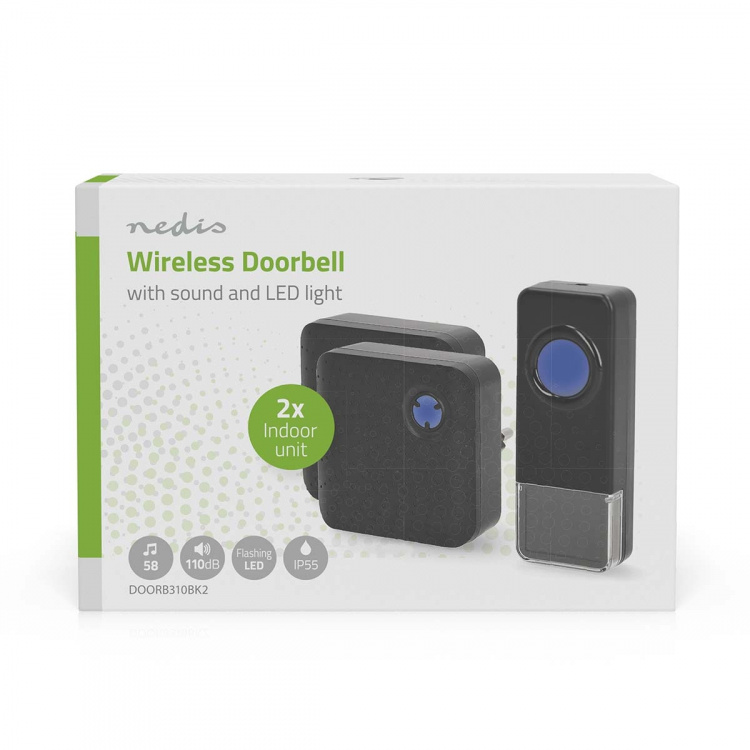 Nedis Wireless Doorbell Set | Mains Powered | 100 - 240 V AC 50/60 Hz | 1x 23A 12V | Volume: 110 dB | Signal range: 150 m | IP55 | Adjustable volume | 58 Melodies | 2 Receivers | Black