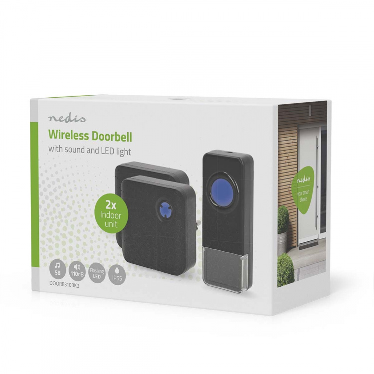 Nedis Wireless Doorbell Set | Mains Powered | 100 - 240 V AC 50/60 Hz | 1x 23A 12V | Volume: 110 dB | Signal range: 150 m | IP55 | Adjustable volume | 58 Melodies | 2 Receivers | Black