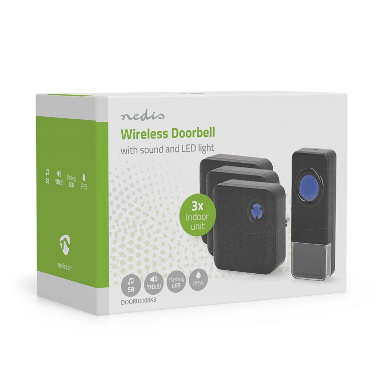 Nedis Wireless Doorbell Set | Mains Powered | 100 - 240 V AC 50/60 Hz | 1x 23A 12V | Volume: 110 dB | Signal range: 150 m | IP55 | Adjustable volume | 58 Melodies | 3 Receivers | Black