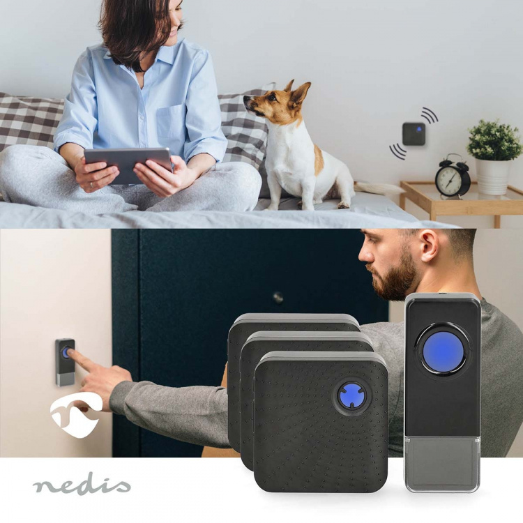 Nedis Wireless Doorbell Set | Mains Powered | 100 - 240 V AC 50/60 Hz | 1x 23A 12V | Volume: 110 dB | Signal range: 150 m | IP55 | Adjustable volume | 58 Melodies | 3 Receivers | Black