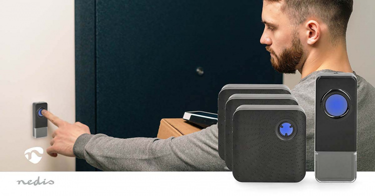 Nedis Wireless Doorbell Set | Mains Powered | 100 - 240 V AC 50/60 Hz | 1x 23A 12V | Volume: 110 dB | Signal range: 150 m | IP55 | Adjustable volume | 58 Melodies | 3 Receivers | Black