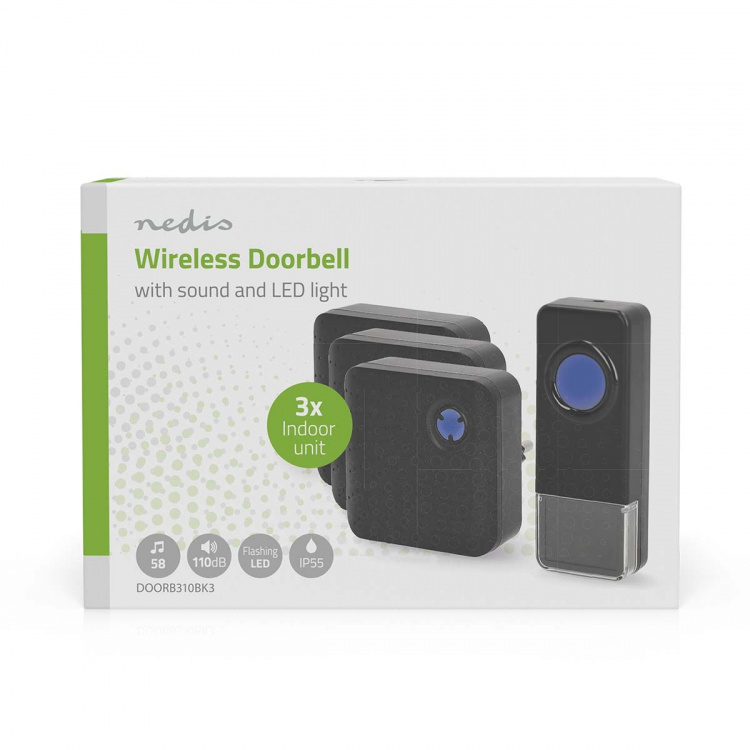 Nedis Wireless Doorbell Set | Mains Powered | 100 - 240 V AC 50/60 Hz | 1x 23A 12V | Volume: 110 dB | Signal range: 150 m | IP55 | Adjustable volume | 58 Melodies | 3 Receivers | Black