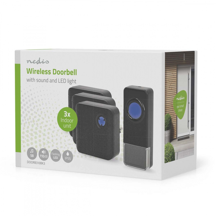 Nedis Wireless Doorbell Set | Mains Powered | 100 - 240 V AC 50/60 Hz | 1x 23A 12V | Volume: 110 dB | Signal range: 150 m | IP55 | Adjustable volume | 58 Melodies | 3 Receivers | Black