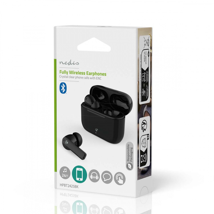 Nedis Fully Wireless Earphones | Bluetooth® | Battery play time: 24 hrs | Touch Control | Charging case | Wireless charging case | Built-in microphone | Voice control support | Noise canceling | IPX4 | Black Nedis Fully Wireless Earphones | Bluetooth® | Battery play time: 24 hrs | Touch Control | Charging case | Wireless charging case | Built-in microphone | Voice control support | Noise canceling | IPX4 | Black
