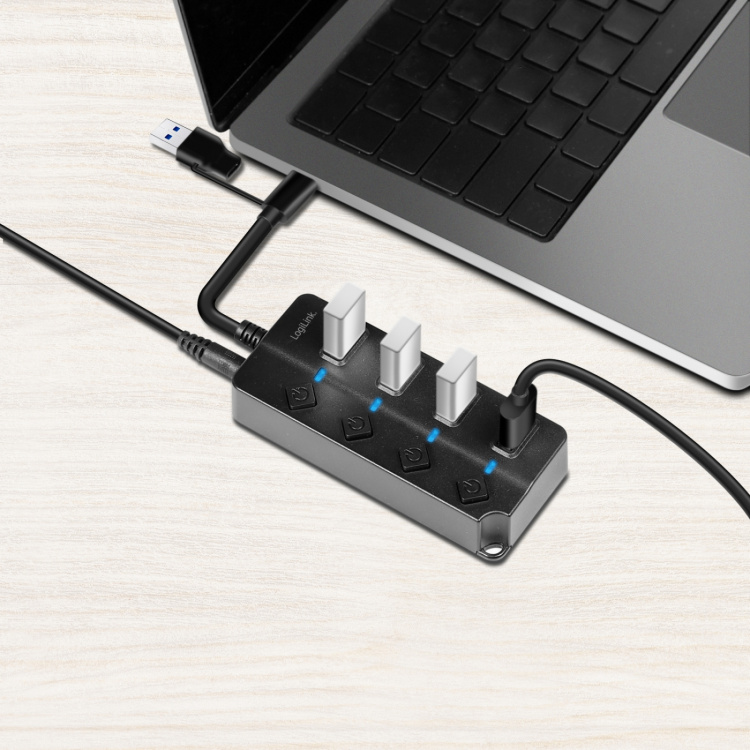 LogiLink USB-hub 4-port med separata På/Av-knappar USB-C/USB-A in USB 3.2 Gen1 LogiLink USB-hub 4-port med separata På/Av-knappar USB-C/USB-A in USB 3.2 Gen1