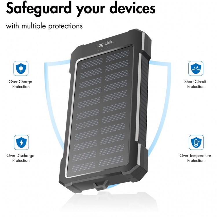 LogiLink Solcells-Powerbank 10.000mAh 2xUSB-A + USB-C in/ut 12W LogiLink Solcells-Powerbank 10.000mAh 2xUSB-A + USB-C in/ut 12W