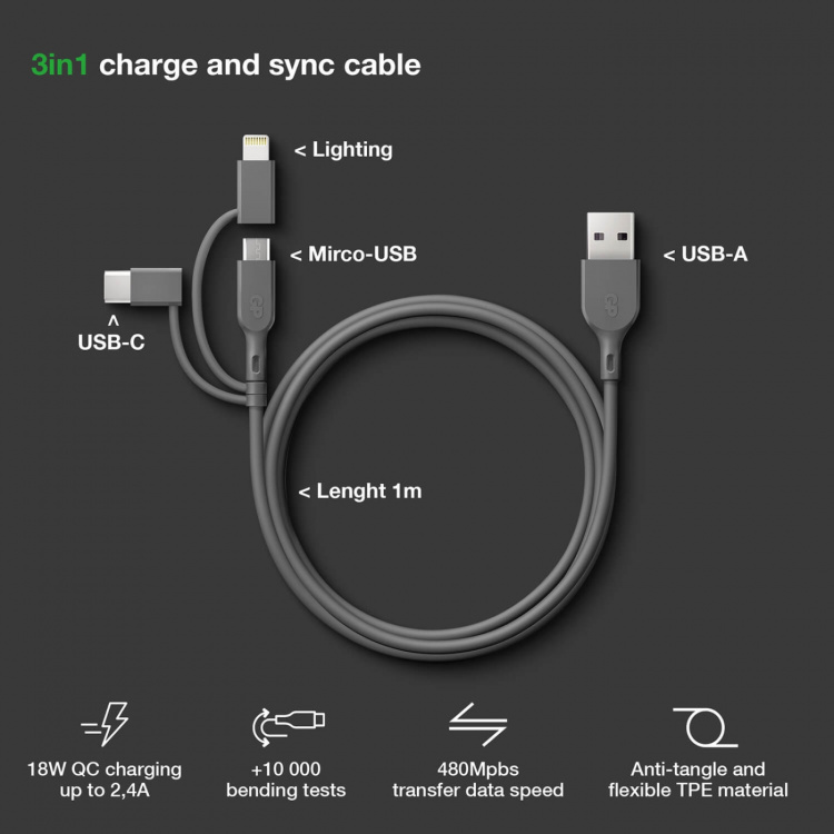 GP Cable USB-A To USB-C 3-In-1 Micro-USB + Lightning CY1N 1m GP Cable USB-A To USB-C 3-In-1 Micro-USB + Lightning CY1N 1m