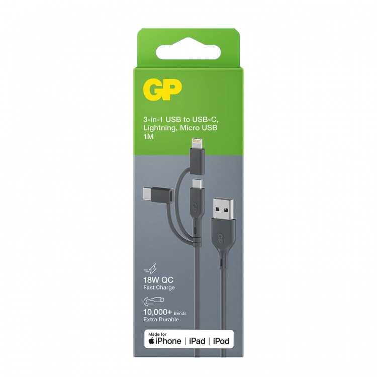 GP Cable USB-A To USB-C 3-In-1 Micro-USB + Lightning CY1N 1m GP Cable USB-A To USB-C 3-In-1 Micro-USB + Lightning CY1N 1m