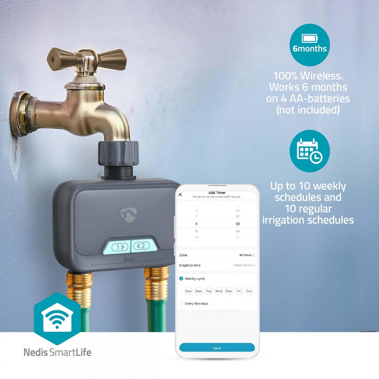 Nedis SmartLife Water Control | Bluetooth® | Battery Powered | IP54 | Maximum water pressure: 8 Bar | Android™ / IOS