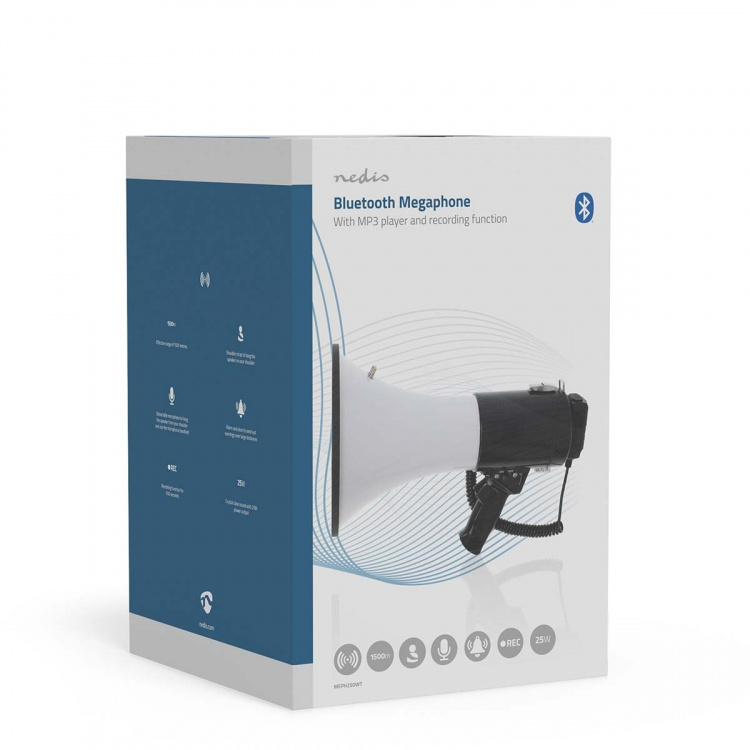 Nedis Megaphone | Maximum range: 1500 m | Volume control: 120 dB | Detachable Microphone | Built-in siren | Bluetooth® | Recording function | USB playback | Shoulder strap | Black / White Nedis Megaphone | Maximum range: 1500 m | Volume control: 120 dB | Detachable Microphone | Built-in siren | Bluetooth® | Recording function | USB playback | Shoulder strap | Black / White