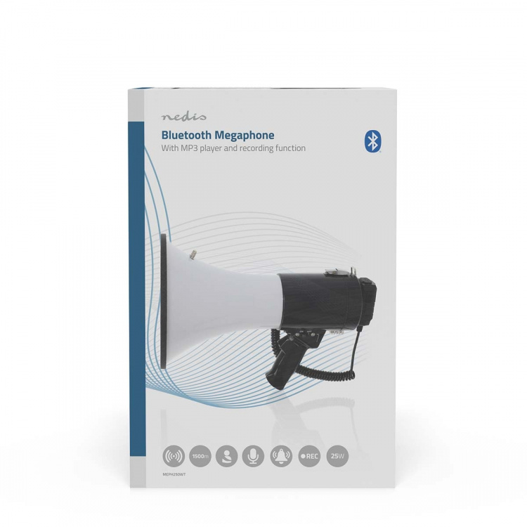 Nedis Megaphone | Maximum range: 1500 m | Volume control: 120 dB | Detachable Microphone | Built-in siren | Bluetooth® | Recording function | USB playback | Shoulder strap | Black / White Nedis Megaphone | Maximum range: 1500 m | Volume control: 120 dB | Detachable Microphone | Built-in siren | Bluetooth® | Recording function | USB playback | Shoulder strap | Black / White