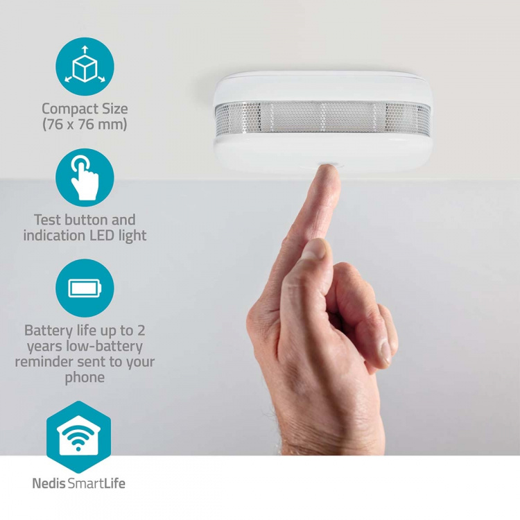 Nedis SmartLife Smoke Detector | Wi-Fi | Battery Powered | Sensor life cycle: 10 year | EN 14604 | Max. battery life: 24 Months | 85 dB | White | 1 pcs Nedis SmartLife Smoke Detector | Wi-Fi | Battery Powered | Sensor life cycle: 10 year | EN 14604 | Max. battery life: 24 Months | 85 dB | White | 1 pcs