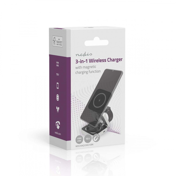 Nedis Wireless Charger | 3-in-1 | 2.5 / 5 / 15 W | LED-indicator in use | Including cable | USB-A / USB-C™ | 1.50 m
