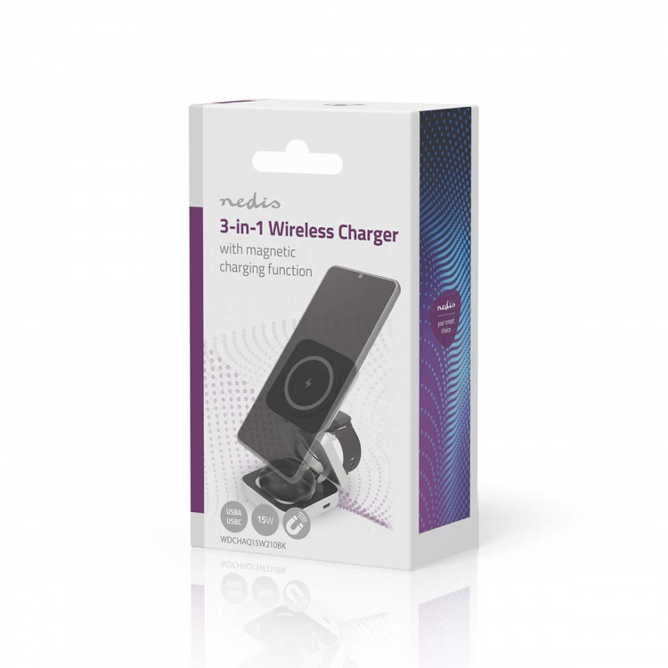 Nedis Wireless Charger | 3-in-1 | 2.5 / 5 / 15 W | LED-indicator in use | Including cable | USB-A / USB-C™ | 1.50 m
