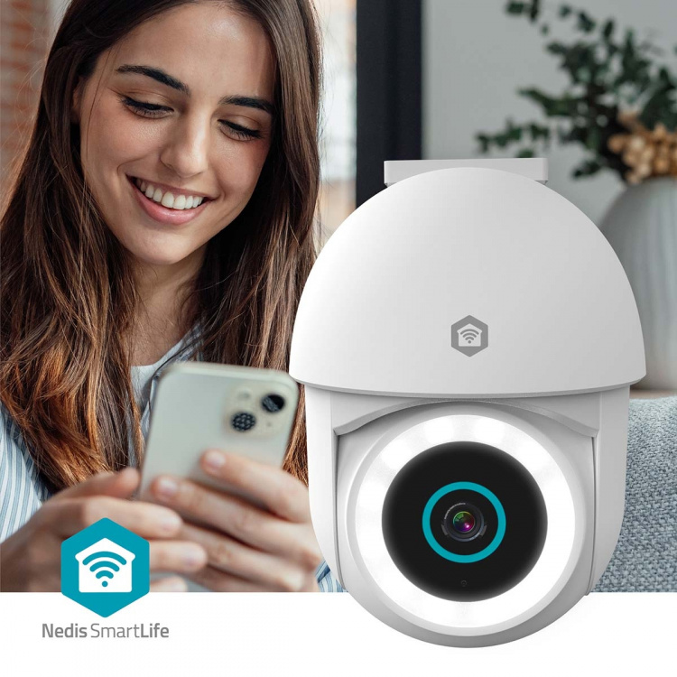 Nedis SmartLife Outdoor Camera | 3MP Full HD 1296p | Pan tilt | IP65 | Cloud Storage (optional) / microSD (not included) / Onvif | 5 V DC | With motion sensor | Night vision | White