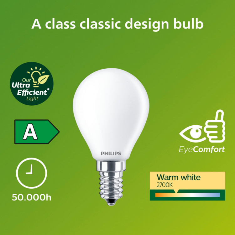 Philips LED E14 Klot P45 2,3W (40W) Frostad 485lm 2700K Energiklass A