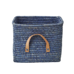 RICE Small Square Raffia Basket with Leather Handles - Blue RICE Small Square Raffia Basket with Leather Handles - Blue