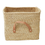 RICE Small Square Raffia Basket with Leather Handles - Natural RICE Small Square Raffia Basket with Leather Handles - Natural