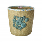 RICE Raffia Basket with Blue Flower Embroidery and Flower Fabric Edge - Blue
