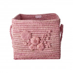 RICE Raffia Square Basket with Flower Embroidery - Pink RICE Raffia Square Basket with Flower Embroidery - Pink