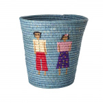 RICE Raffia Round Basket with People and 3D Details - Blue