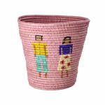 RICE Raffia Round Basket with People and 3D Details - Pink