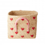 RICE Small Square Raffia Basket with Handles - Hearts
