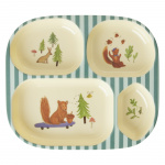 RICE Melamine Kids 4 Room Plate - Blue Happy Forest Print - Blue