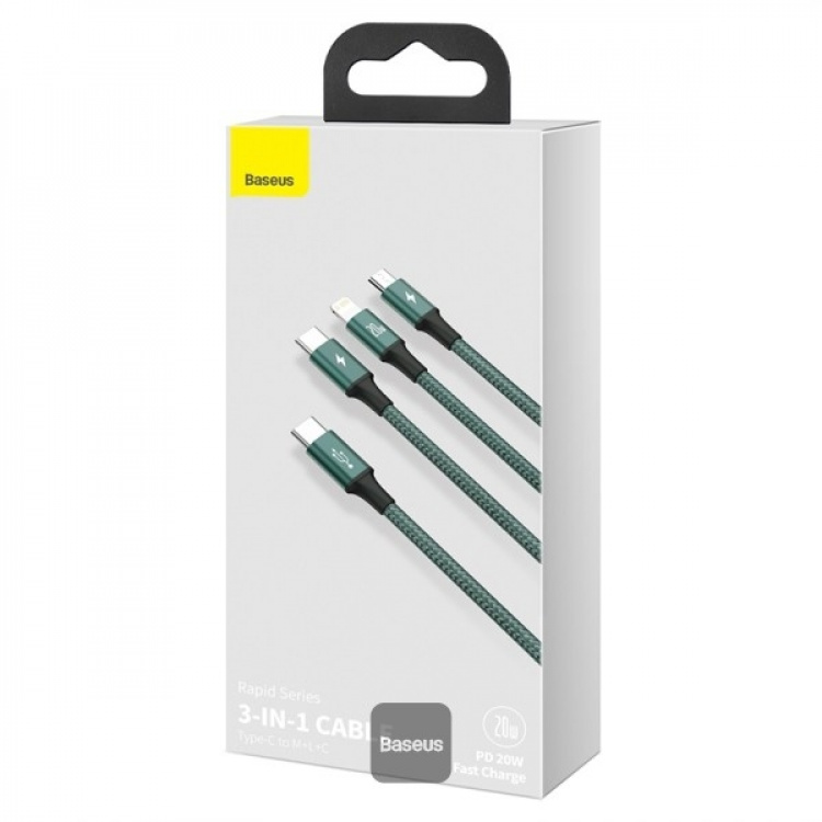 Baseus Rapid Series 3-in-1 USB-C naar Lightning/Micro/USB-C 1,5m Green Baseus Rapid Series 3-in-1 USB-C naar Lightning/Micro/USB-C 1,5m Green